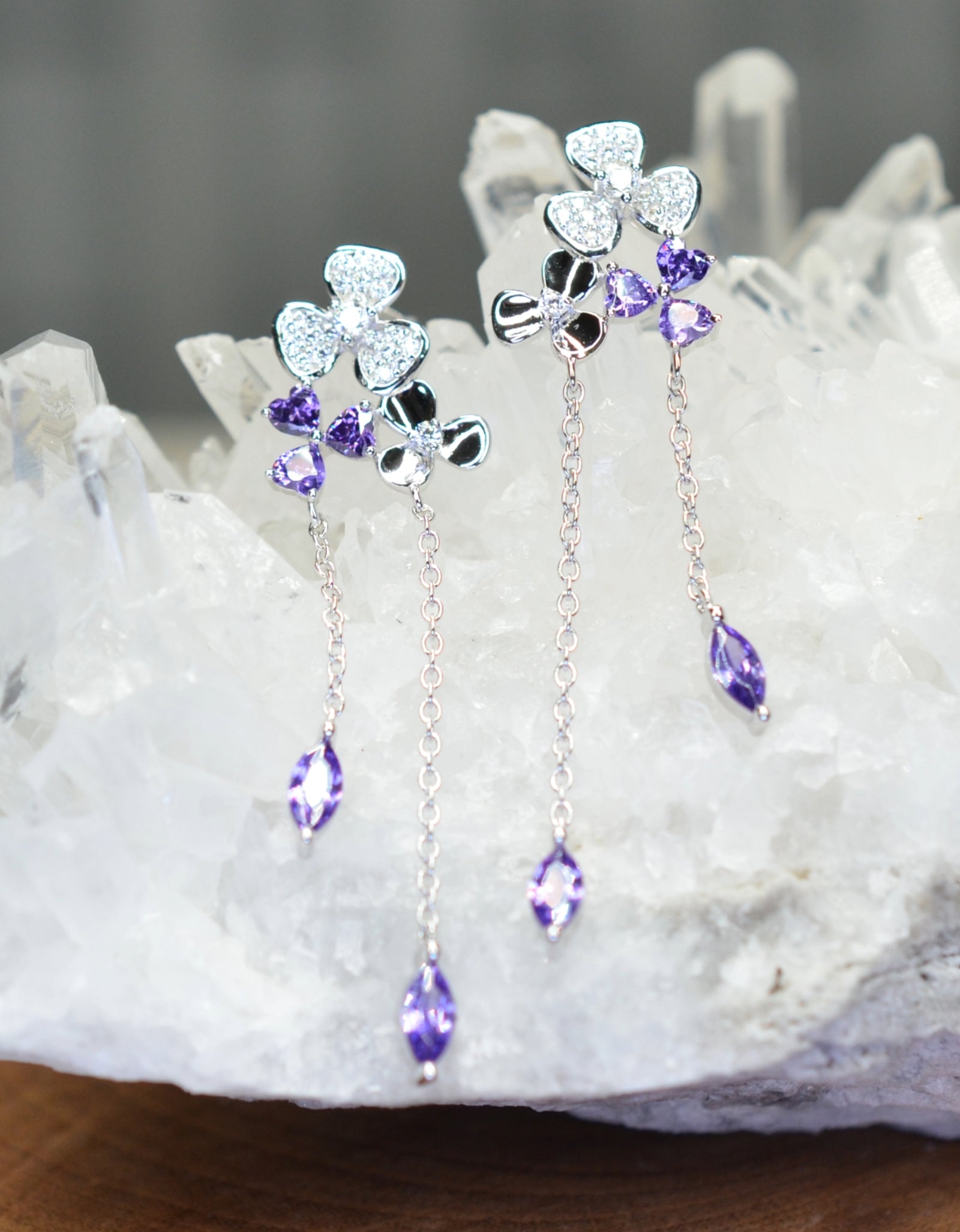 Platinum Rhodium Plated Purple Clover Dangling Design 925 Sterling Silver Earrings with Cubic Zirconia by Mc9vn | Gift for Her |