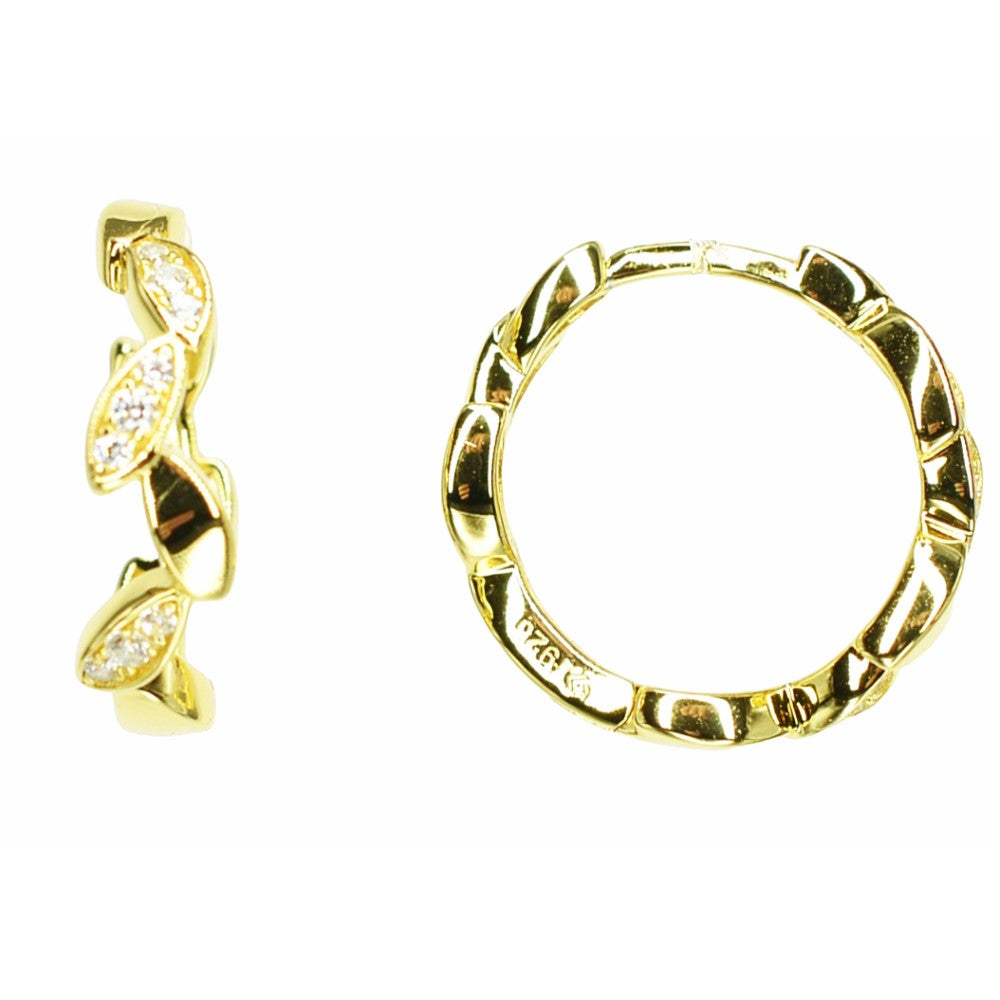 14K Gold Plated Leaf Motif 925 Sterling Silver Huggie Hoop Earrings with Cubic Zirconia by Mc9vn | Gift for Her | Ship from US |