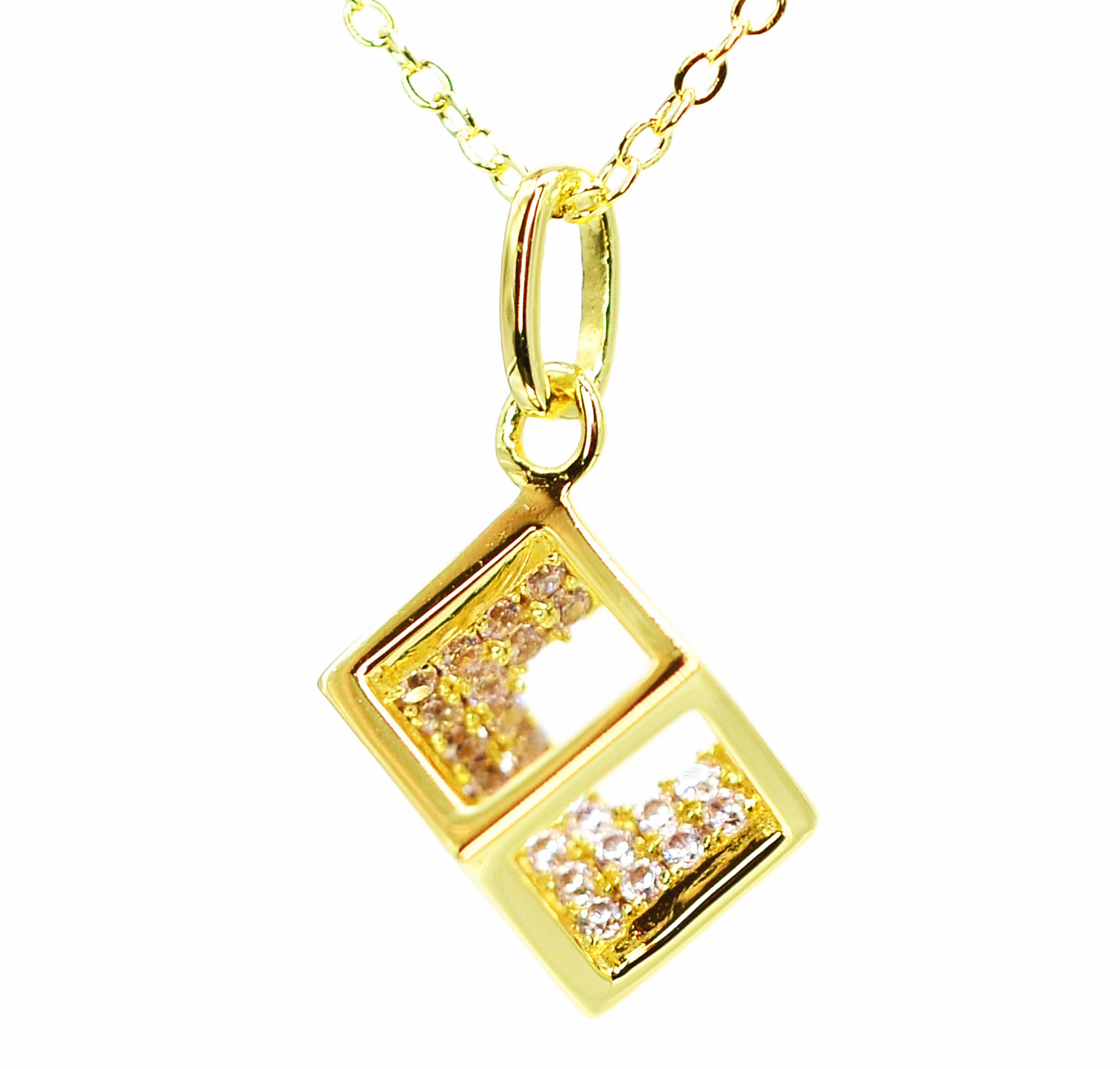 14K Yellow Gold Plated 925 Sterling Silver Open Cube Pendant Adjustable Chain Necklace w/ Pink Cubic Zirconia by Mc9vn | Gift for Her |