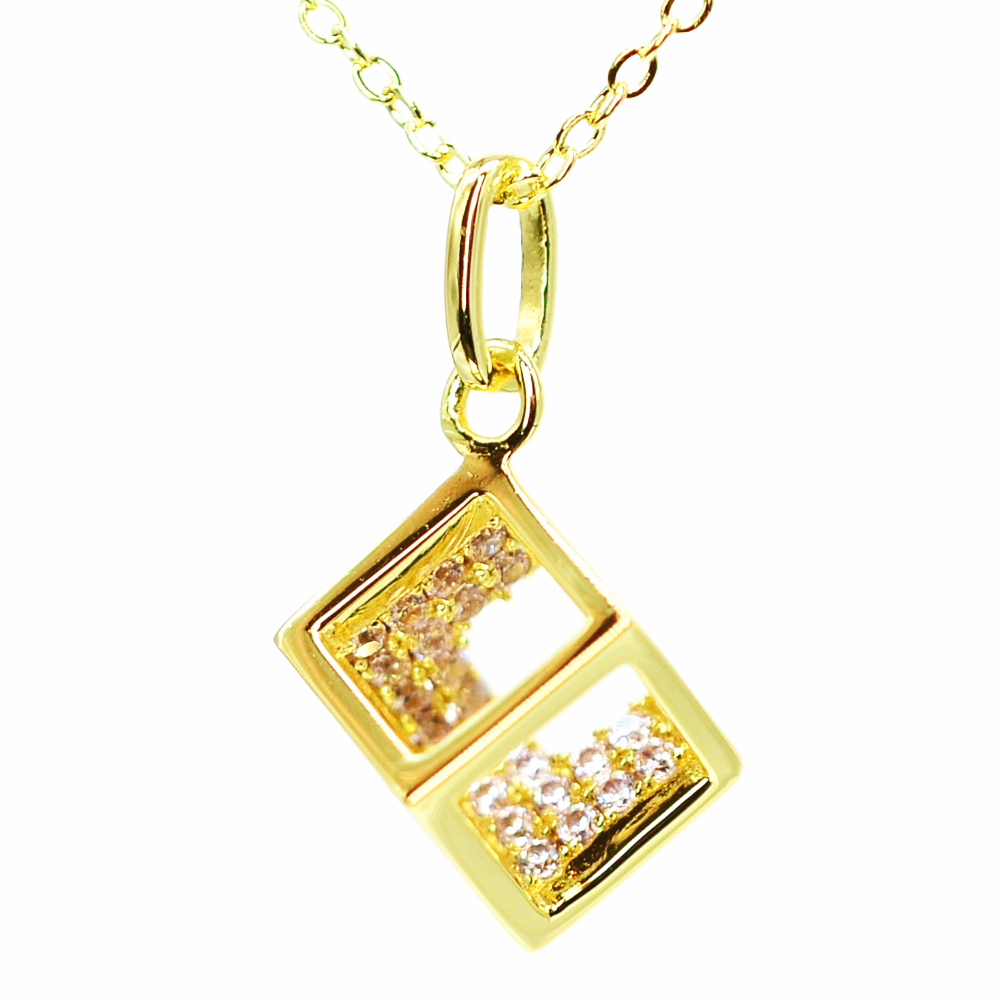 14K Yellow Gold Plated 925 Sterling Silver Open Cube Pendant Adjustable Chain Necklace w/ Pink Cubic Zirconia by Mc9vn | Gift for Her |