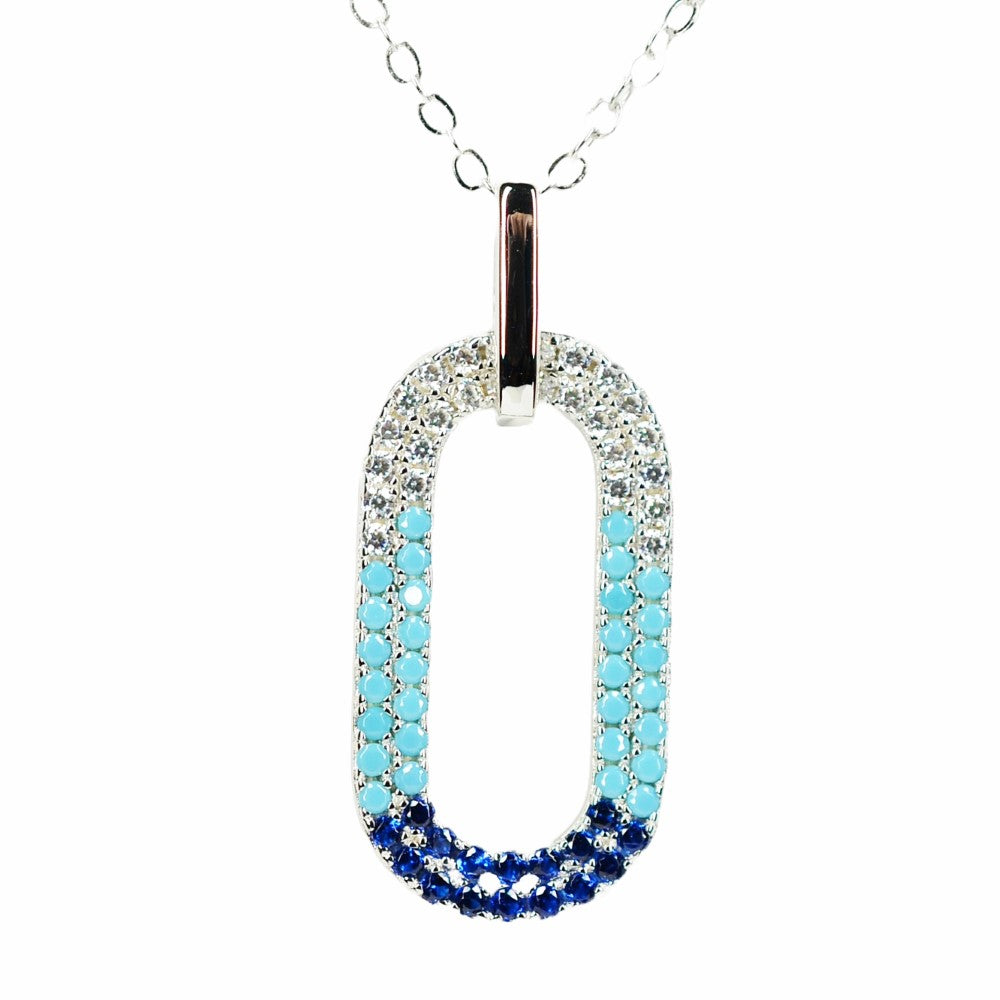 50cm Platinum Plated Blue Oval W/ CZ 925 Sterling Silver Pendant w/ Adjustable Chain Necklace by Mc9vn