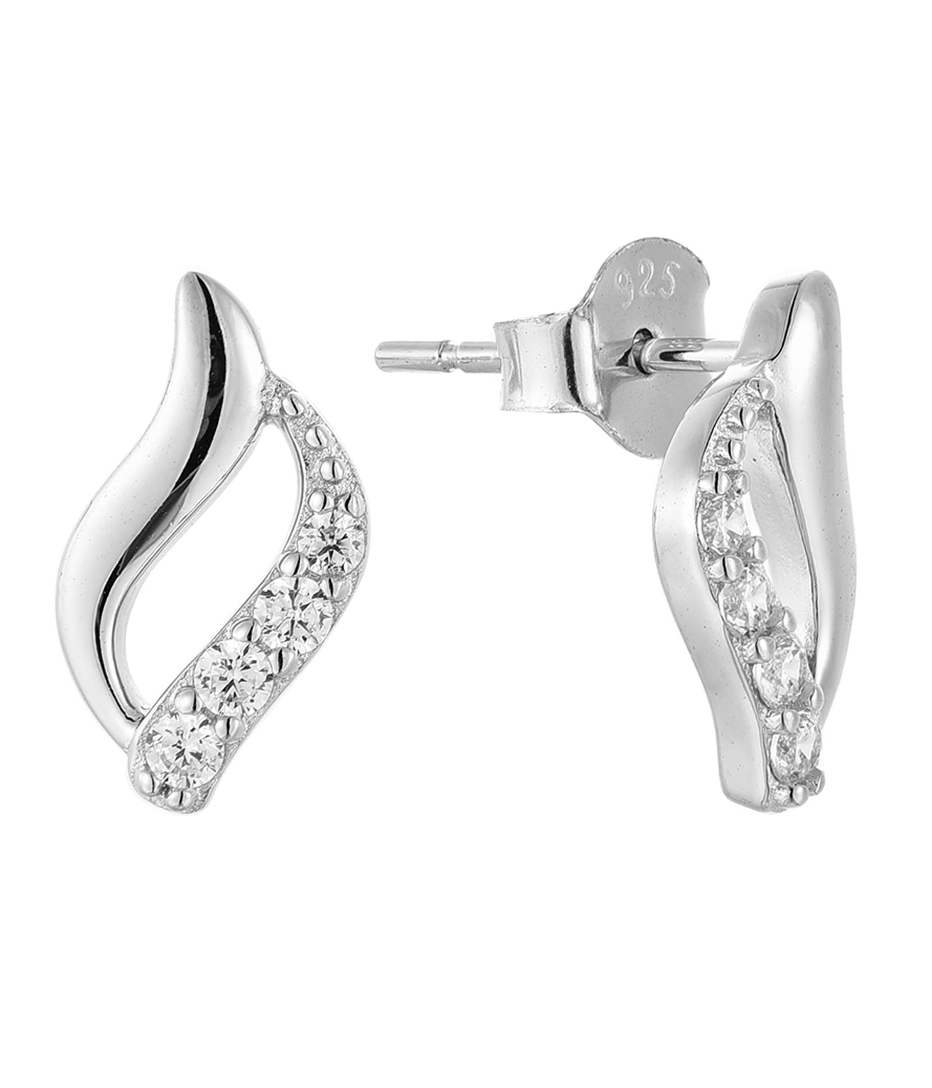 925 Sterling Silver Stud Earrings Platinum Plated Leaf Motif Cubic Zirconia