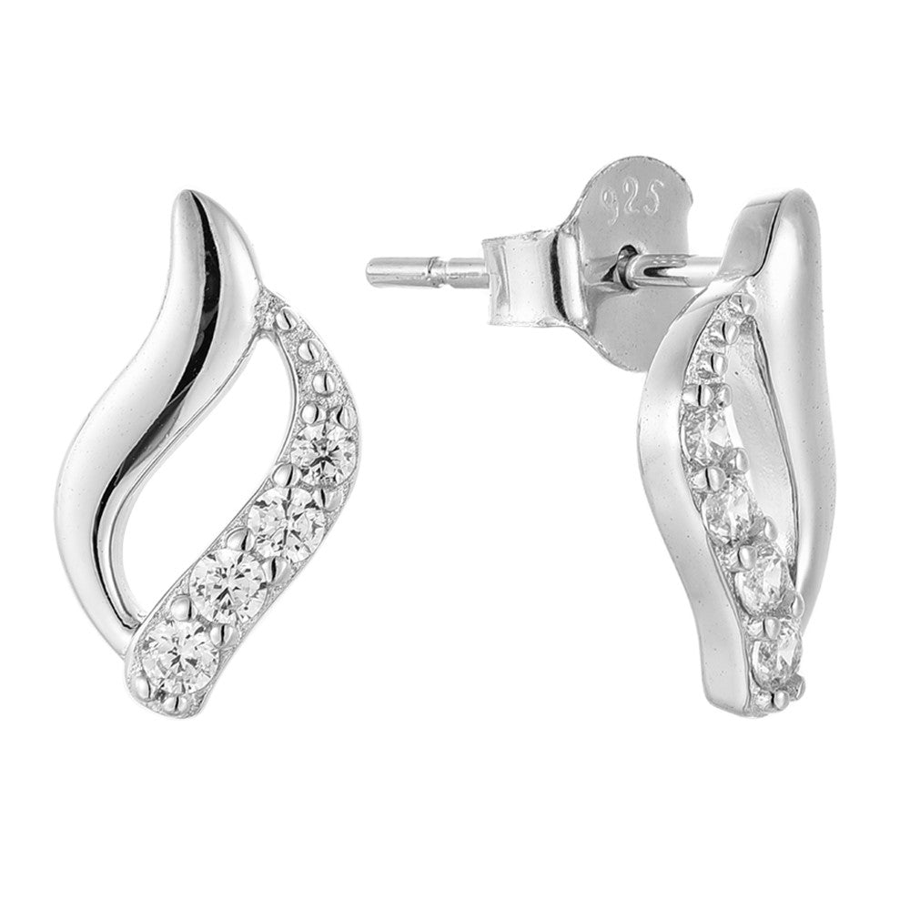 925 Sterling Silver Stud Earrings Platinum Plated Leaf Motif Cubic Zirconia